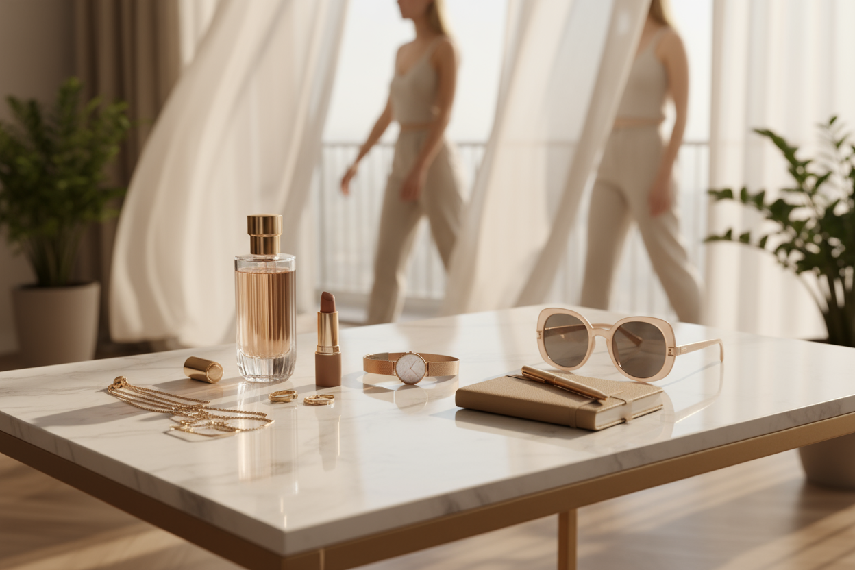 Univers féminin moderne et délicat : scène lifestyle avec une ambiance douce, beige et nude. Objets soigneusement disposés sur une coiffeuse ou un bureau design : parfum élégant, bijoux dorés minimalistes, rouge à lèvres nude, montre féminine, petit carnet en cuir, lunettes de soleil tendance. En arrière-plan flou : silhouettes féminines, rideaux légers, plantes, lumière naturelle du matin. Style photo épuré, esthétique, harmonieux, ambiance féminine moderne et chaleureuse